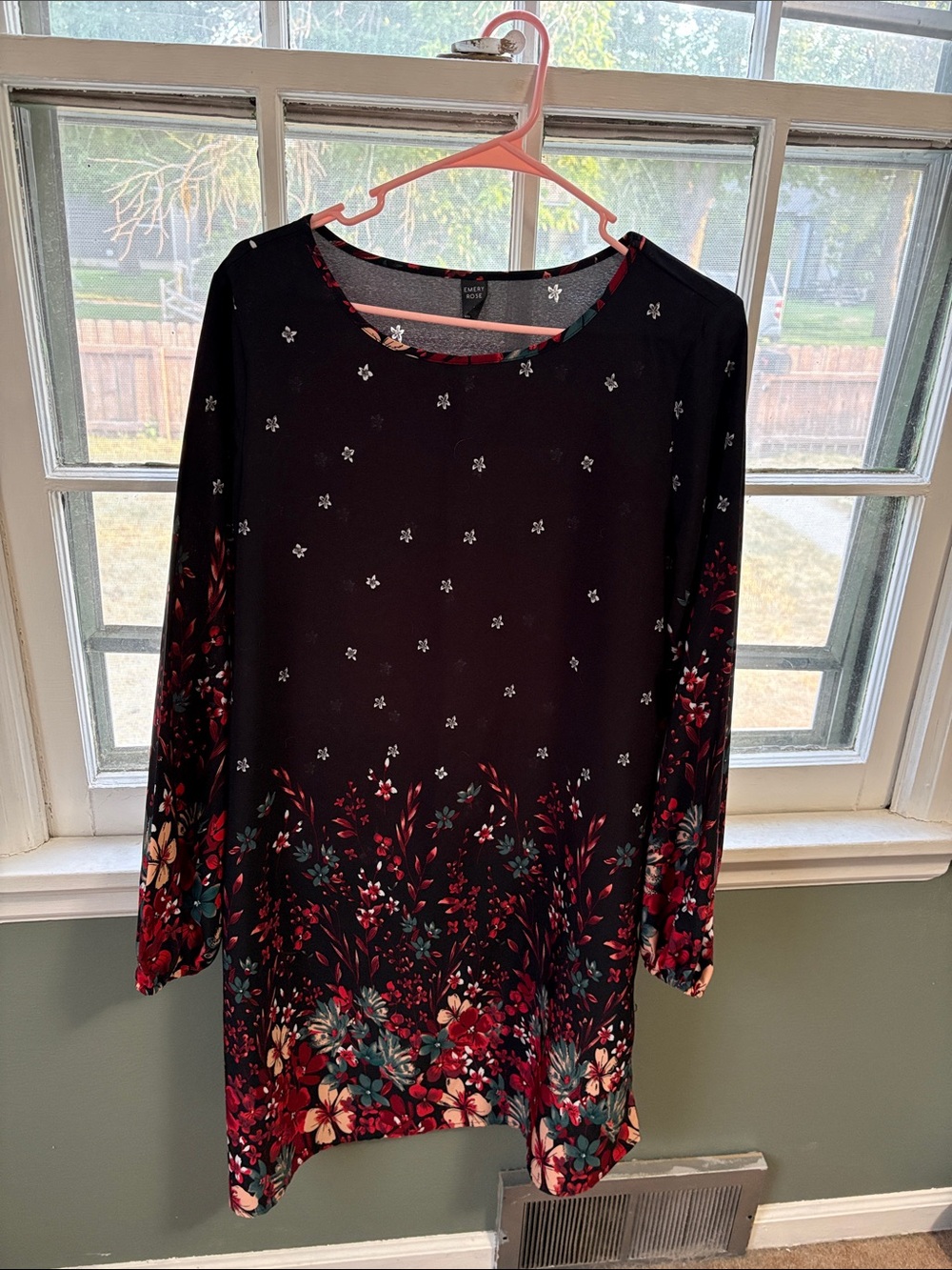 Black Floral Long-Sleeve Shift Dress with Red & Green Border
